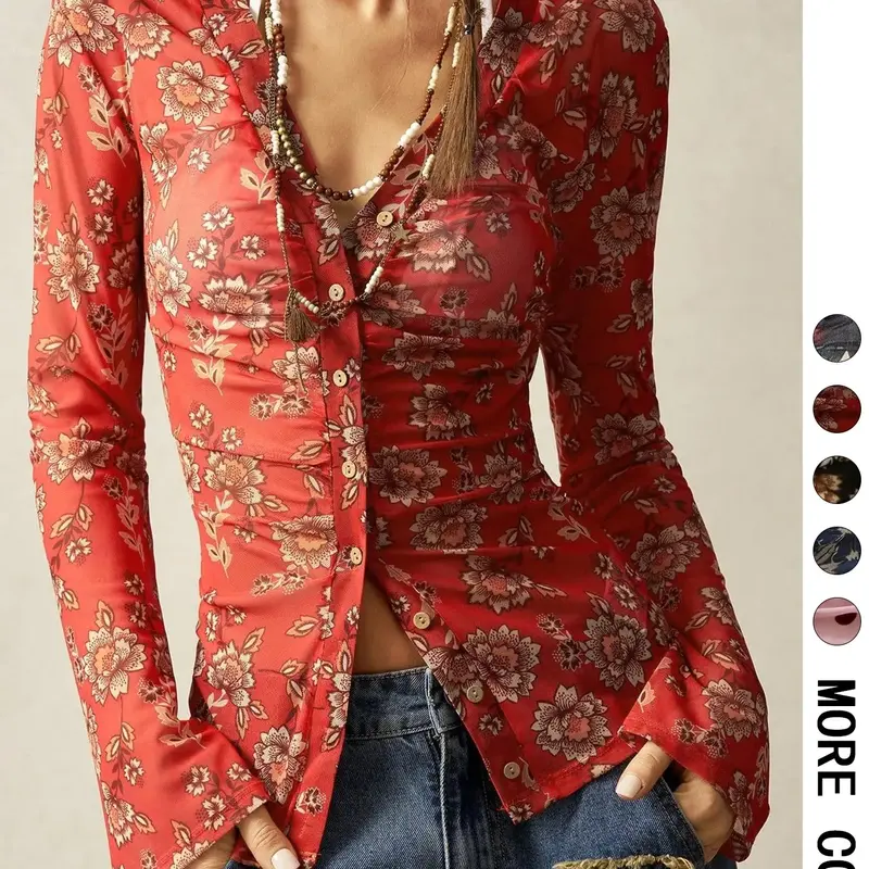 Boho Vintage Print V-Neck Flared Sleeve Blouse For Women, Bohemian Style Vacation, Simple Fashion Casual Everyday Wear