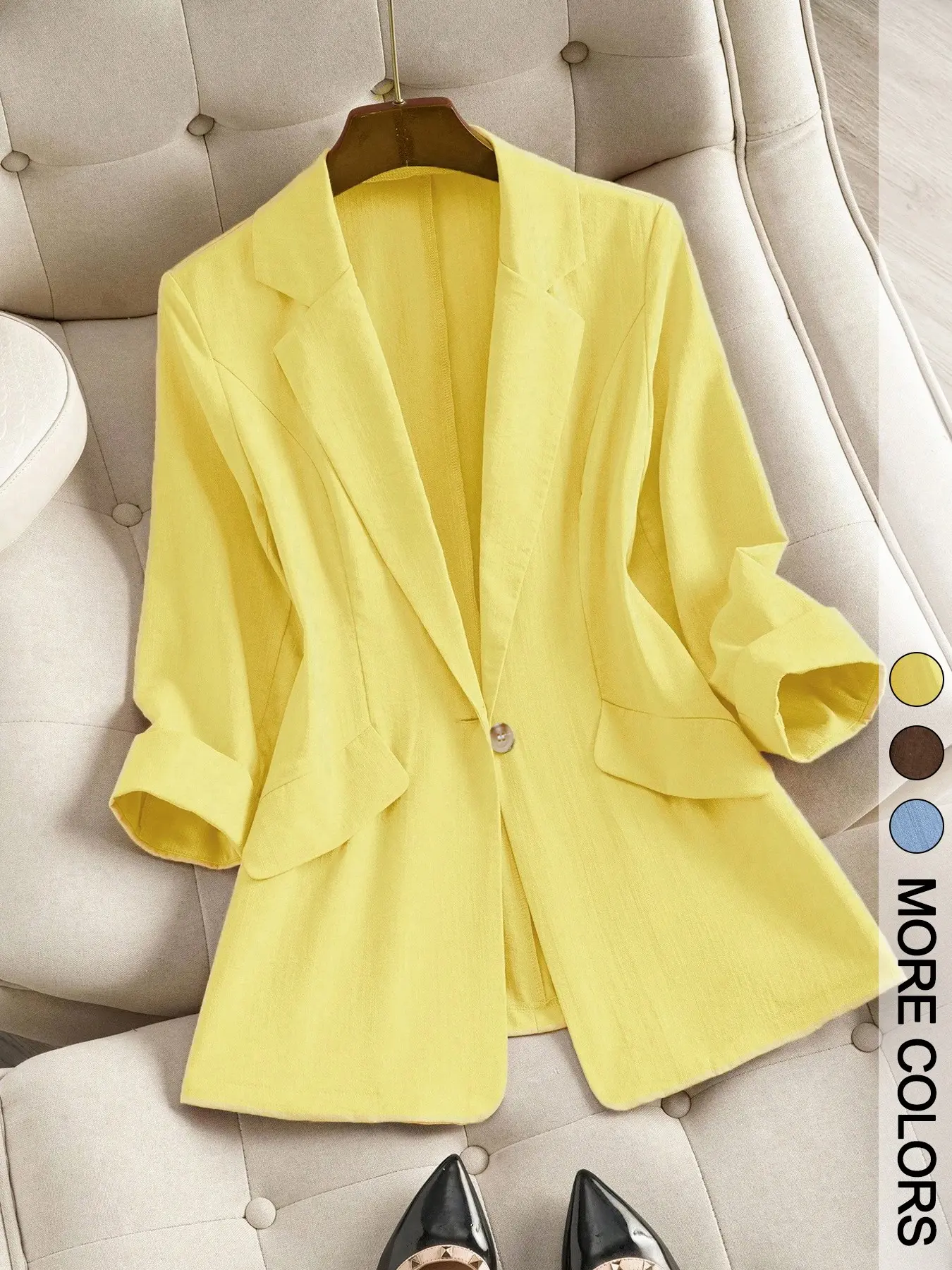 Women's Single Button Lightweight Blazer Jacket, Rolled Hem Three-Quarter Sleeve Casual Top, Stylish Office Wear, Comfortable Daily