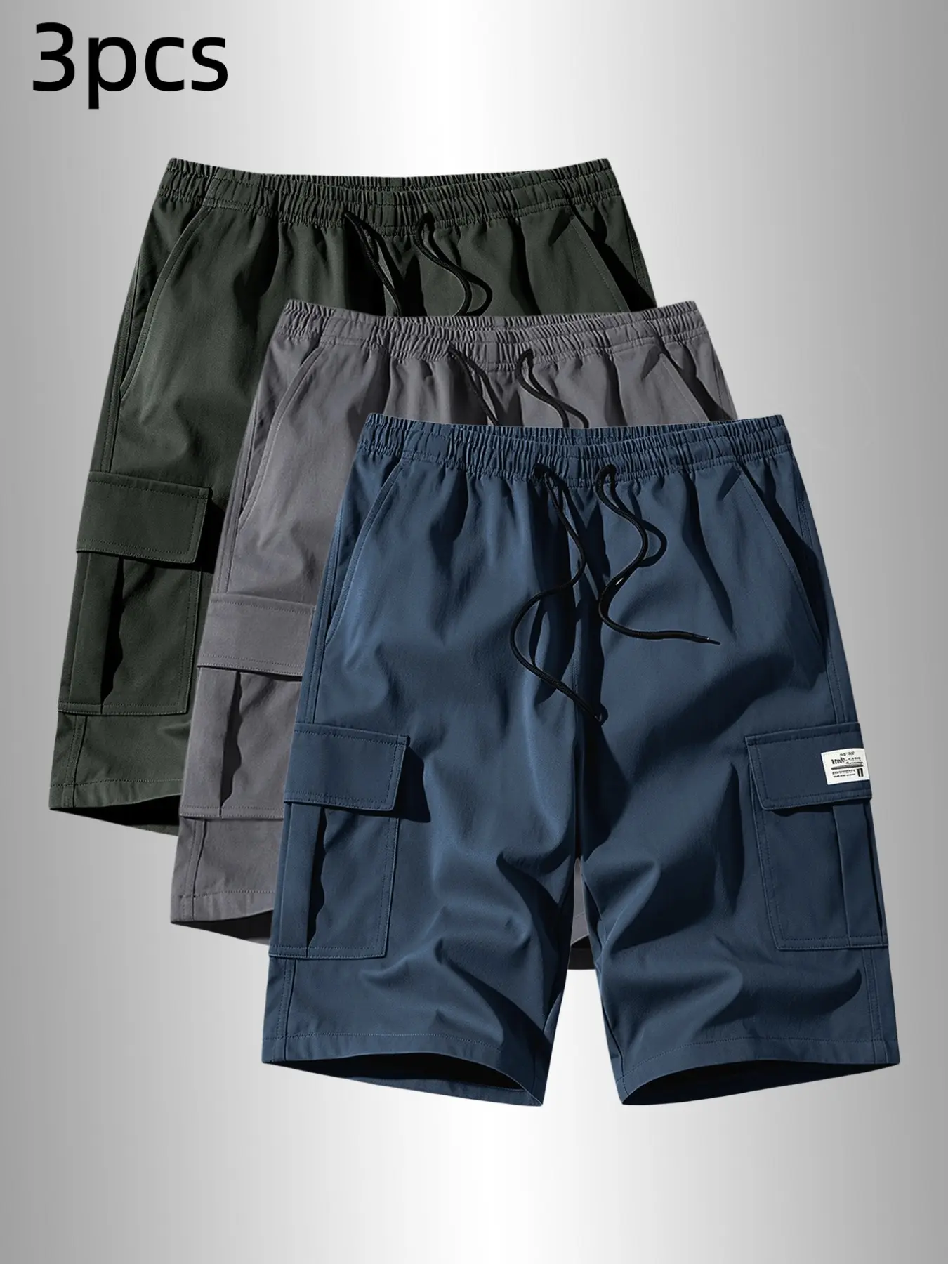 Men's 3-Pack Quick-Dry Breathable Cargo Shorts, Plain Color, Mid-Waist, Loose Fit, Large Pockets, Outdoor, Commute, Streetwear, Home