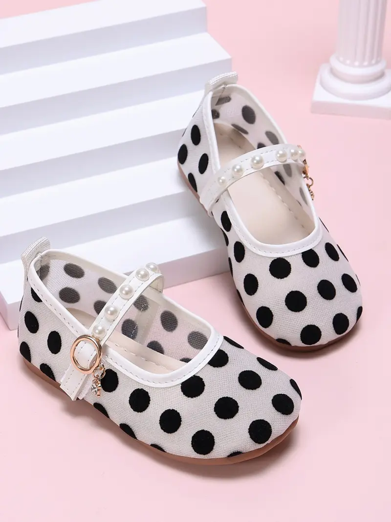 New Kids Polka Dot Mary Jane Shoes, Sweet Princess Style, Pearl Decor, Rhinestone Pendant, Easy Velcro Flat Shoes, Fashionable, Suitable for Vacation, Picnic, Daily Wear
