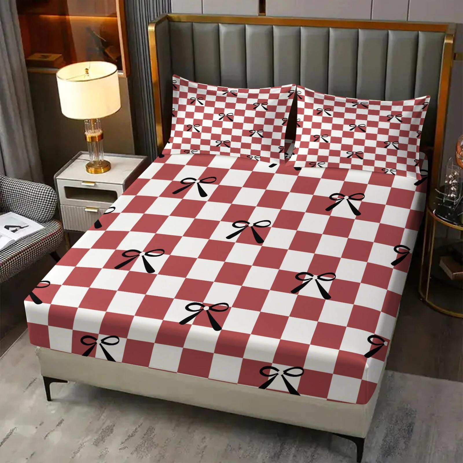 3Pcs Minimalist Bow Print Fitted Sheet Set, Cute Heart-Accented Bed Sheets for Bedroom, Warm Gift for Girls and Women