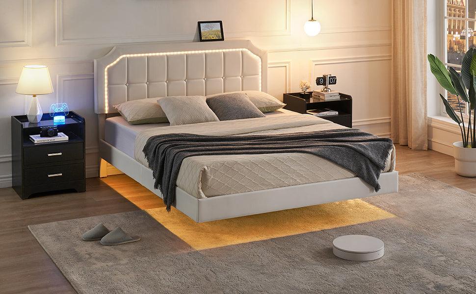 GARVEEFloating Queen Bed Frame with RGB LED Lights, Adjustable Upholstered Headboard, Metal Construction, Easy Assembly, Modern Design, White GARVEEFloating Queen Bed Frame with RGB LED Lights, Adjustable Upholstered Headboard, Metal Construction, Easy Assembly, Modern Design, White