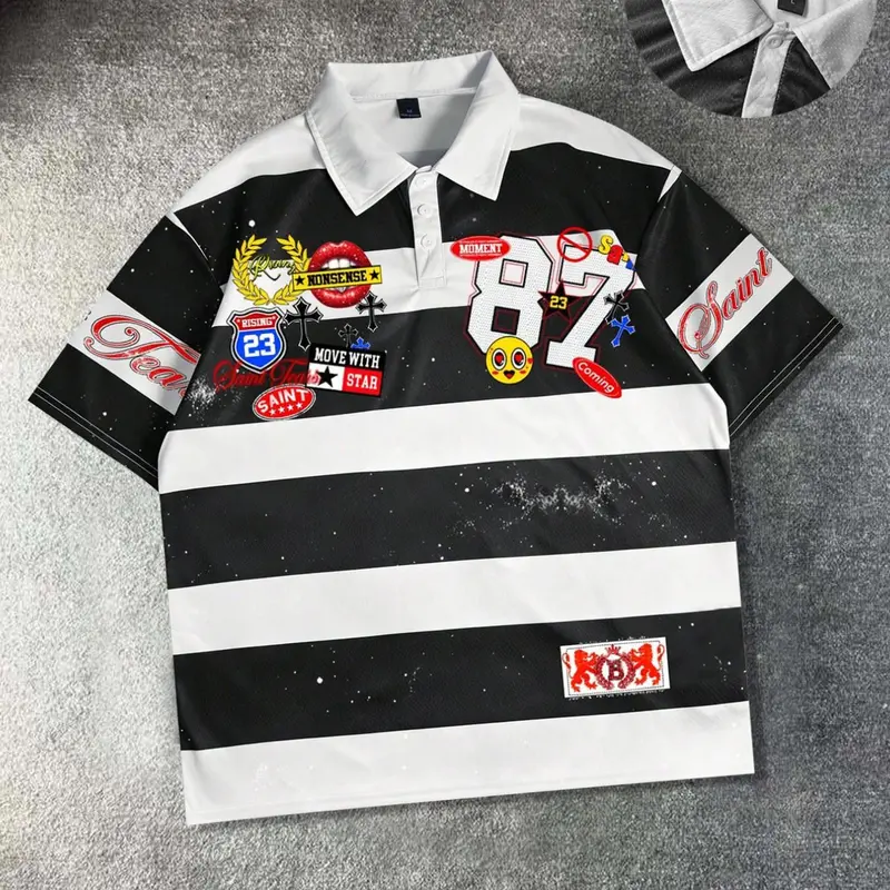 Black and white striped Classic short sleeved unisex polo collar badge streetwear casual brand 2026 new shirt Polo Style