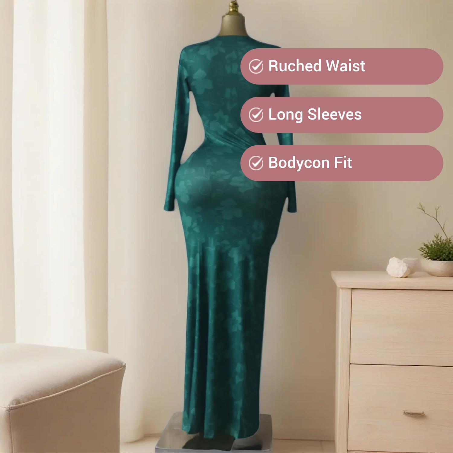 QFAF Emerald Green Bodycon Maxi Dress Women 2026 Elegant Long Sleeve Ruched Slim Fit Draped Waist Party Dress Formal Wear Chic Evening Gown High Waist Stretch Fashion Outfit Wedding Guest Birthday Dinner Date Night Vacation Holiday Clubwear Trendy Style