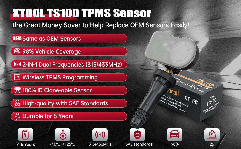 XTOOL TS100 TPMS Sensor(315/433MHz), Programmable Car TPMS Sensor Replacement, Tire Pressure Monitoring System Sensor, Work with XTOOL TP150/IP819TP tire pressure monitor tpms programming tool XTOOL TS100 TPMS Sensor(315/433MHz), Programmable Car TPMS Sensor Replacement, Tire Pressure Monitoring System Sensor, Work with XTOOL TP150/IP819TP tire pressure monitor tpms programming tool