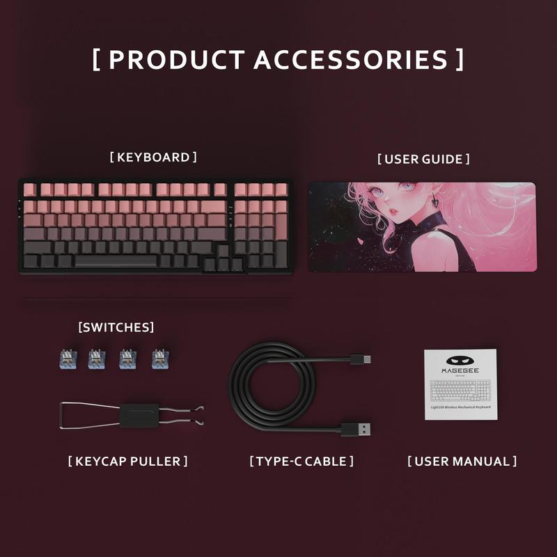 MageGee New Wireless Gasket Keyboard Light100, 99keys, Creamy sound keyboard, Silent Typing, RGB lighting, All keys hot-swappable, Customized pre-lub linear switches,  PBT Side-Printed keycaps, large capacity battery @8000mAh, Supports 2.4G/ BT /wired