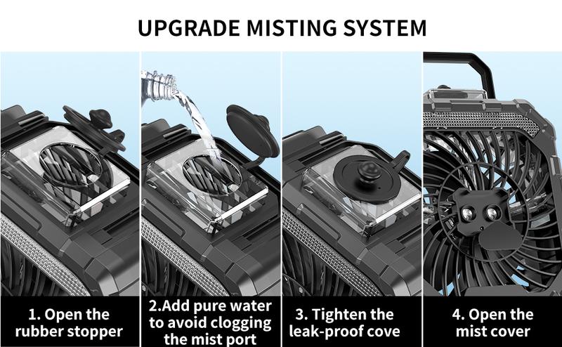 20000mAh Rechargeable Camping Fan with LED Light, Portable Multi-Function Fan with Spray Humidification, Shaking Head Emergency Camping Fan, Wireless Rotation, Battery Powered, Lightweight and Portable-Black