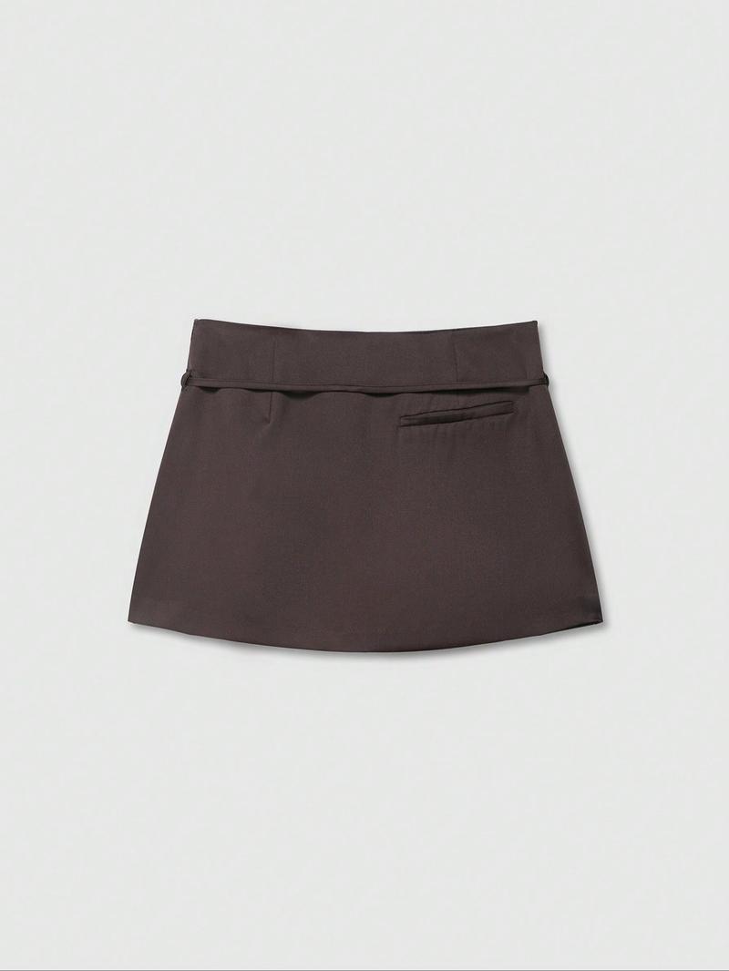 Women's Solid Color Zipper Belted Skirt Pants, Safety Lined Slim Fit Half Skirt, Perfect for Vacation, Home, Daily Wear, Dating, Travel