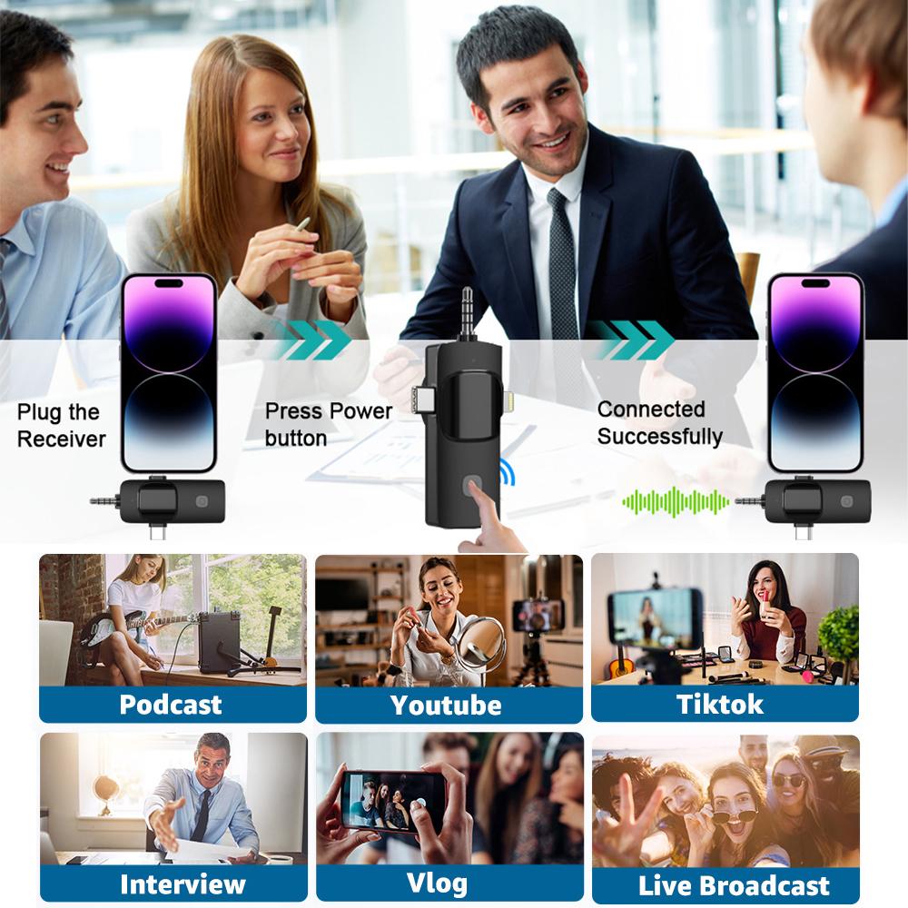 PADOX 3 in 1 Wireless Microphone for iPhone, Camera, Android, iPad, Mini Lavalier Microphone with Receiver,USB C Microphone, iPhone Mic, 2.4G Ultra-Low Delay, Microphone for Video Recording/Vlog/TikTok/YouTube/Interview