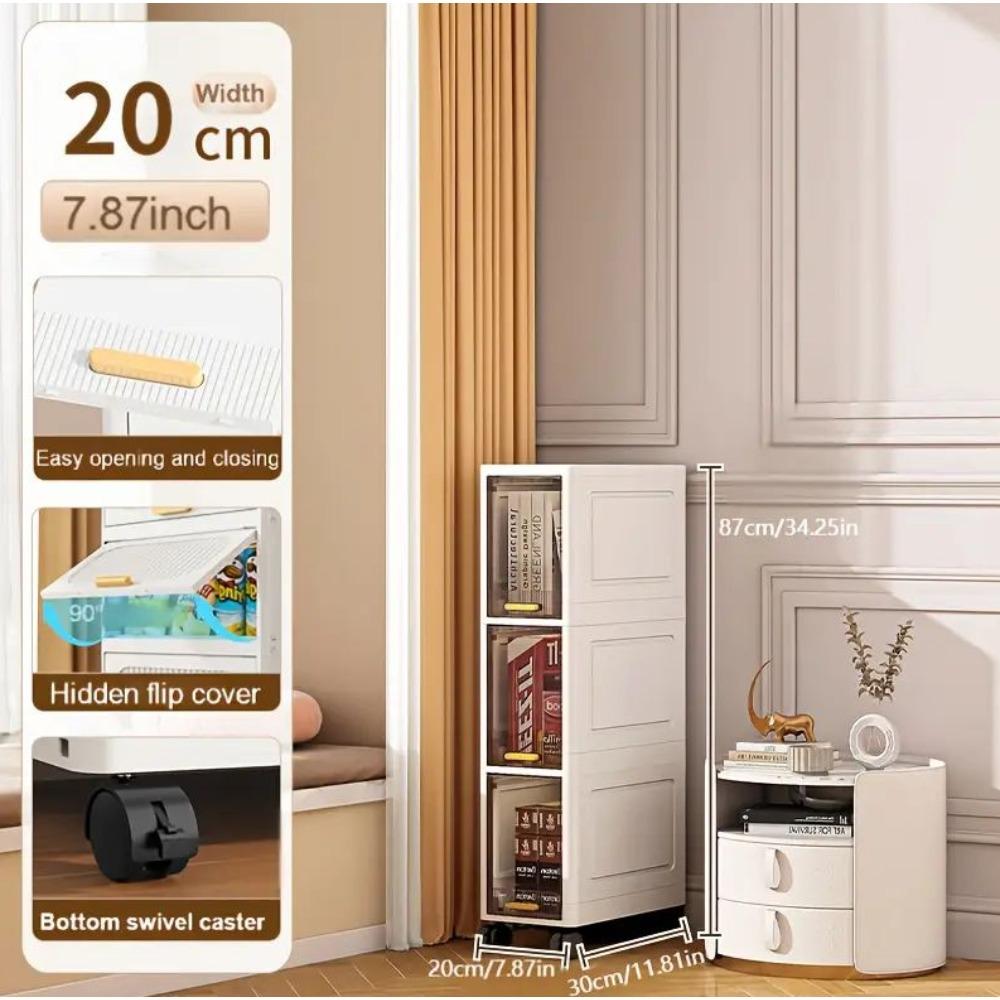 Space-saving rolling storage cabinet, Freestanding storage cabinet, flexible movement, layered storage, stable placement, suitable for balcony, bathroom, study room, multi-layer shelf, thickened material, narrow flip-top style