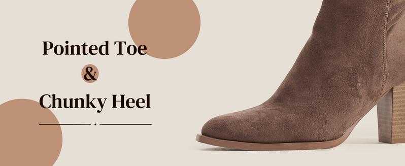 Women's Pointed Toe Knee High Boots Faux Suede Slouch Boots with Chunky Heel