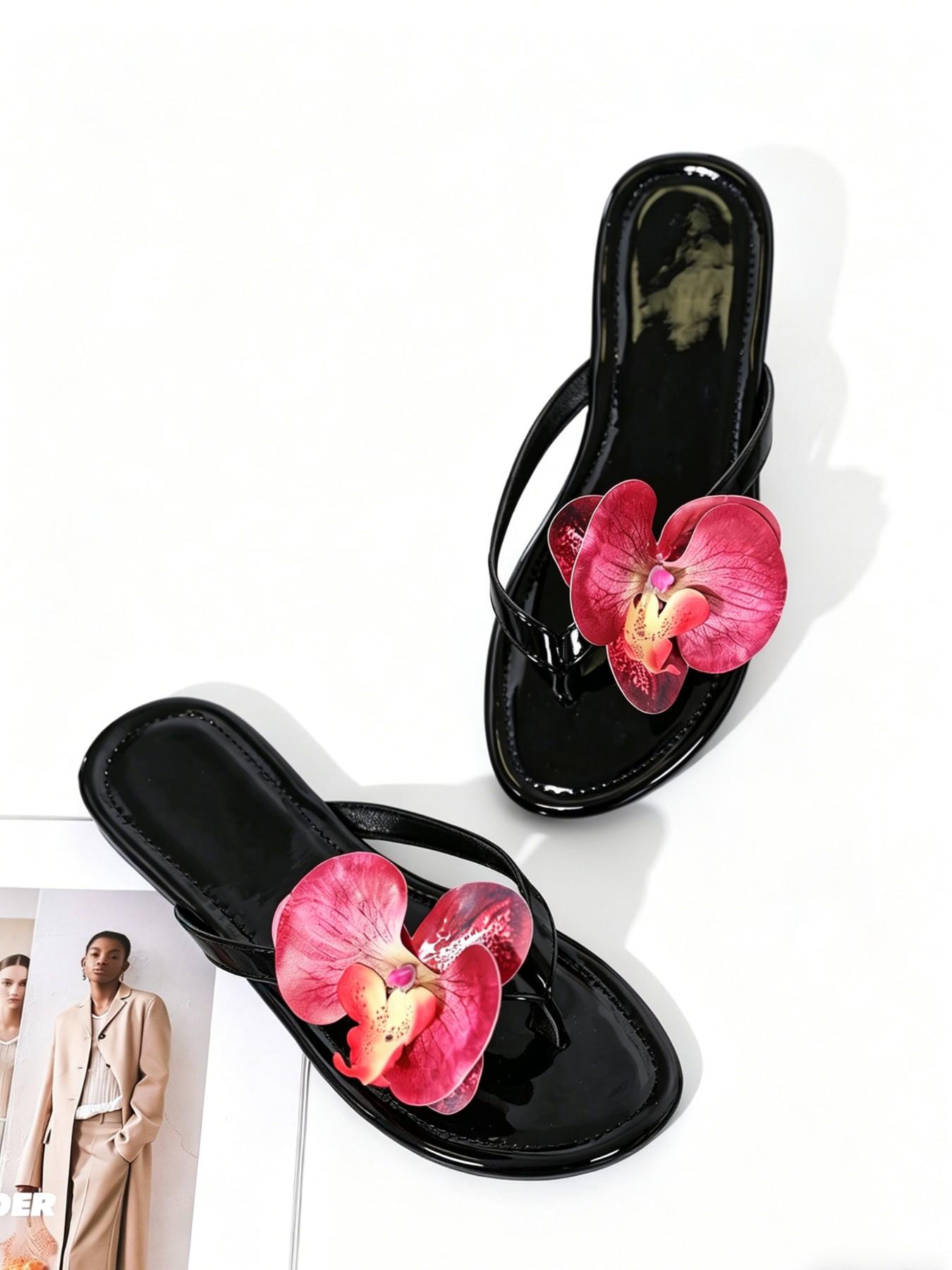 Women's Patent Leather Sandals, 3D Butterfly Orchid Flower Decoration, Flat Sole Slip-On Summer Beach Vacation Casual Shoes