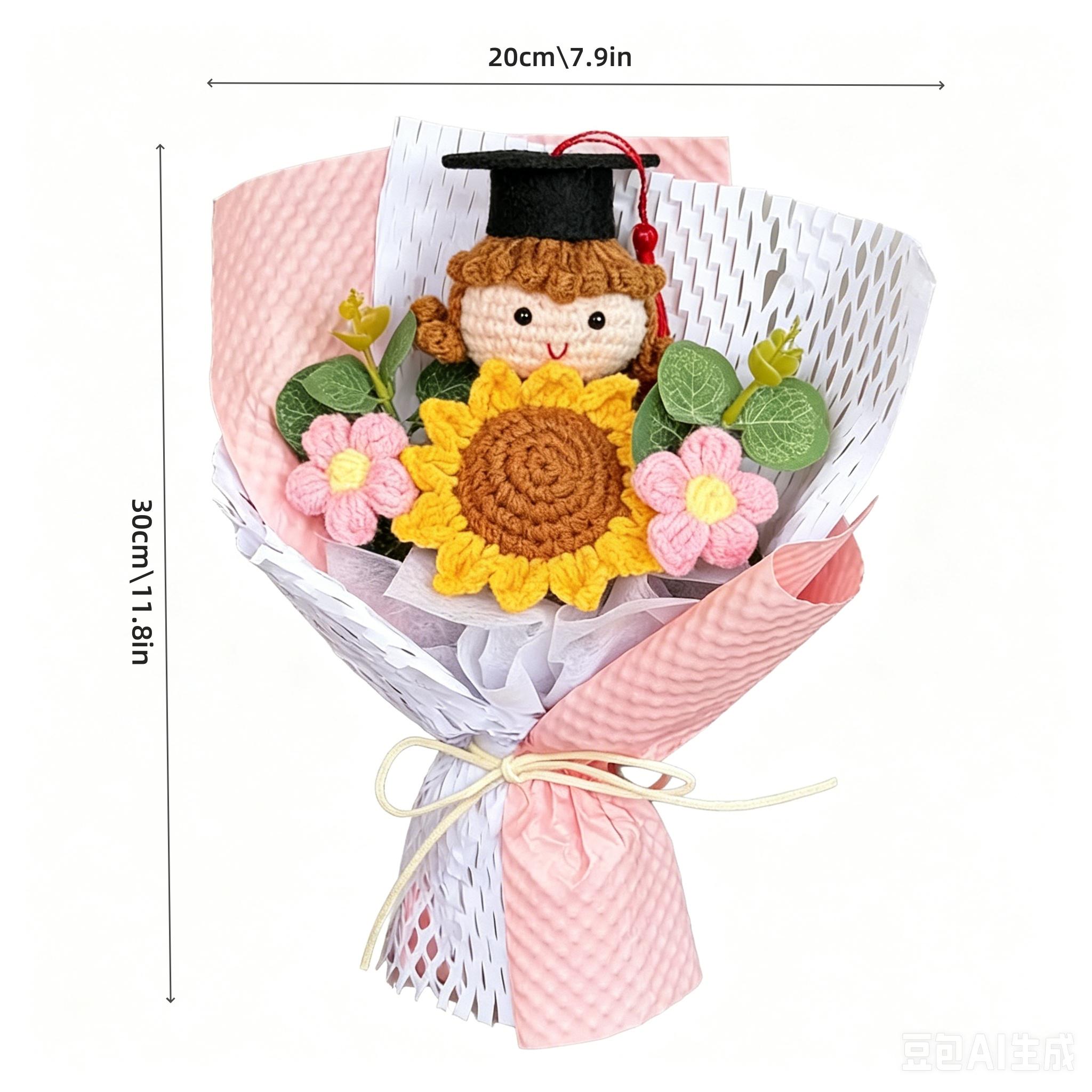 2026 Graduation Crochet Flower Bouquet Knitted Grad Doll,Handmade Crochet Flower Bouquet with Sunflower & Daisy, Soft Knitted Floral Arrangement for Girl, Women & Graduation Gifts