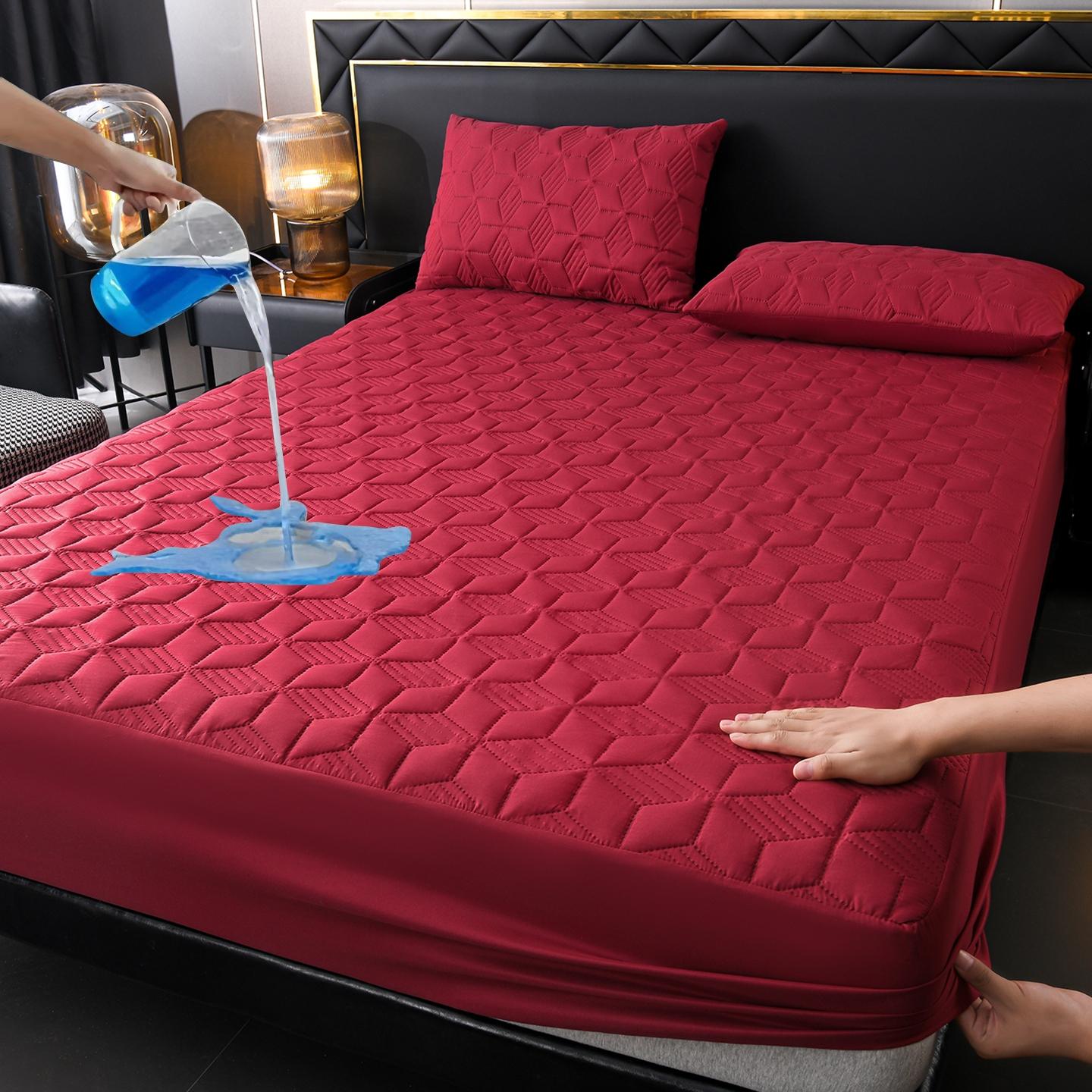 Waterproof Quilted Fitted Sheet Set - 3 Pieces (1 Mattress Cover + 2 Pillowcases), Deep Pocket, Navy Blue
