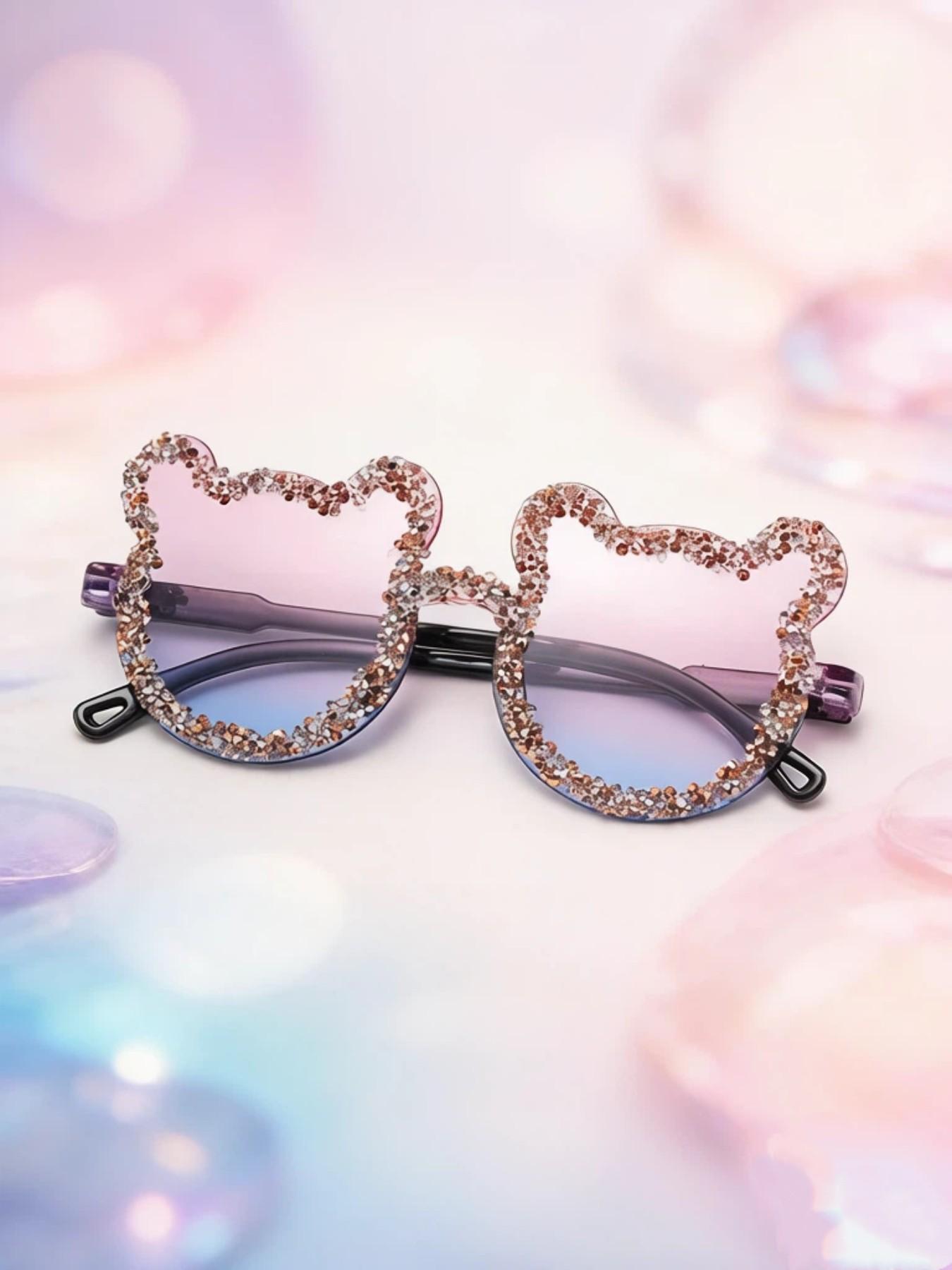 1pc Frameless Handmade Rhinestone Bear Party Sunglasses, Candy Color Women's Funny Party Glasses, College Outing Vacation