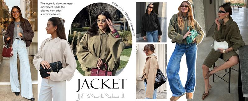 SHEEN Women's Faux Suede Jacket -2026 Spring/Autumn Vintage Solid-Color Collared Zip-Up Long-Sleeve, Loose Batwing Sleeve with Epaulets Bomber Warm Outerwear, Basic Top