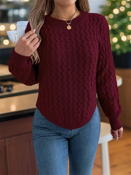Women's Textured Curved Hem Cable Knit Sweater, Casual Long Sleeve Round Neck Jumper for Fall & Winter, Fashion Ladies' Knitwear for Daily Wear