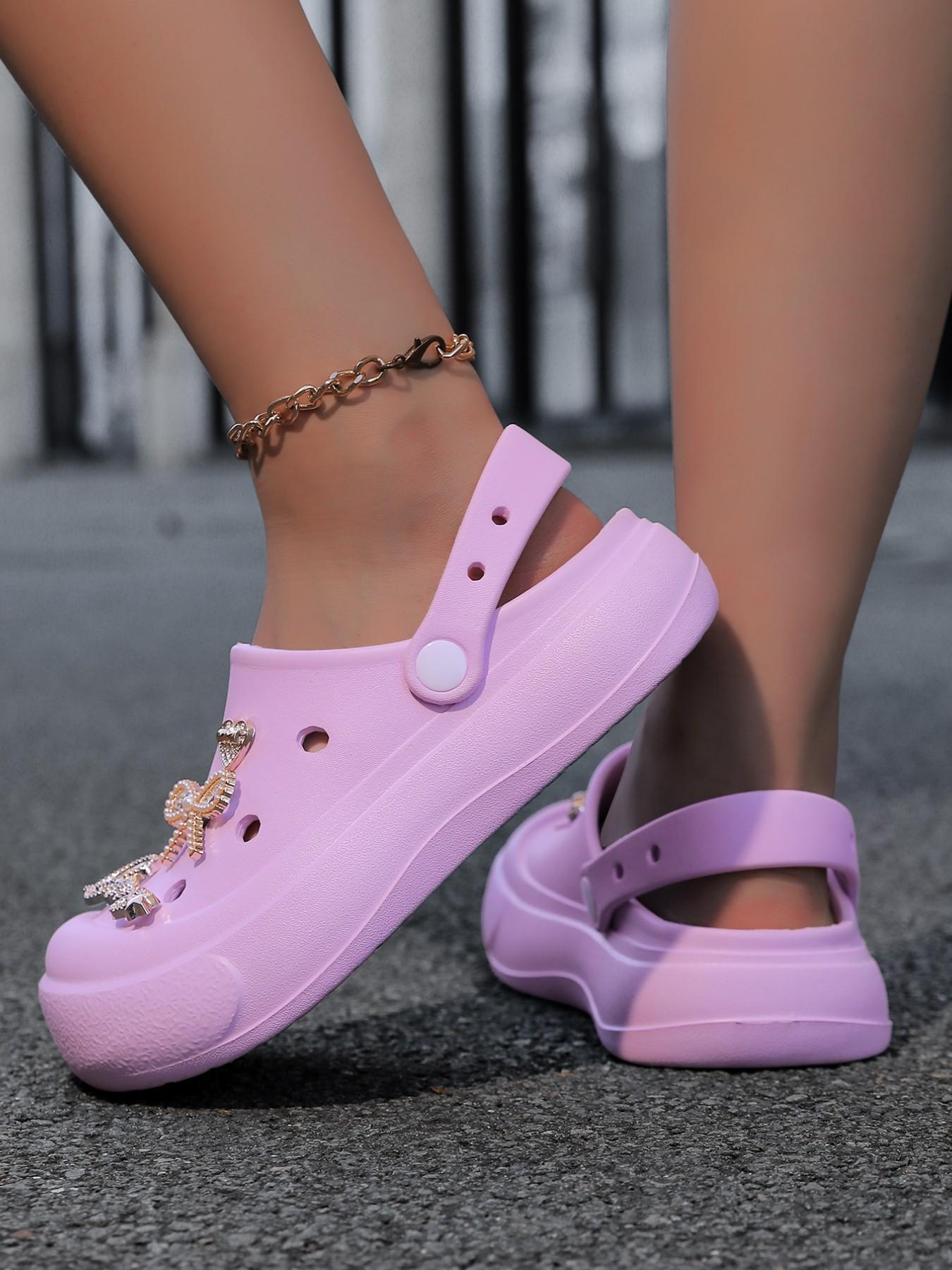 Women's Thick Sole Hole Shoes with Rhinestones and Bow, Unique Design Versatile Outdoor Sandals, Comfortable Eva Material for All Seasons