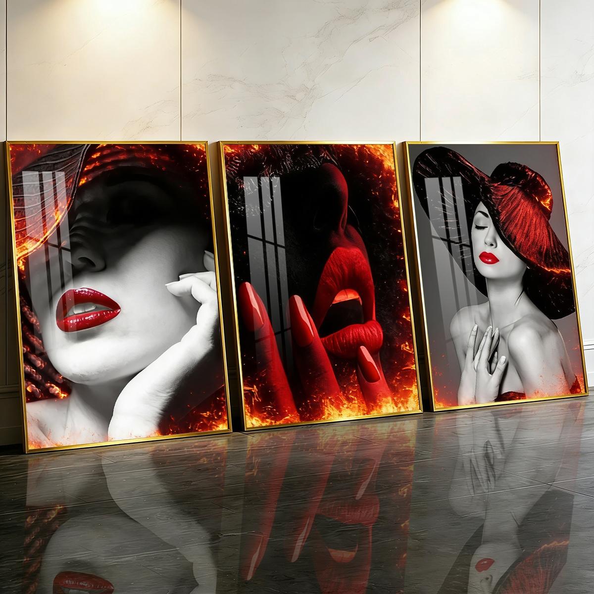 3 Counts Aluminum Alloy Framed Painting, Abstract Red Lips And Black Hat Lady Pictures, Home Decoration For Living Room, Bedroom, Office, Restaurant, Hallway Wall Decor, Odorless Print Artwork, Luxury Perfect Gift For Friends And Family