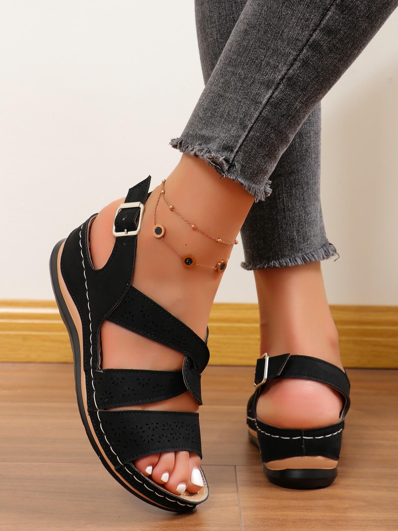 Casual Stretch Roman Sandals with Stitched Decorative Sole, Soft Wood Grain Bottom, Ultra-Comfortable, Perfect with Jeans and Dresses