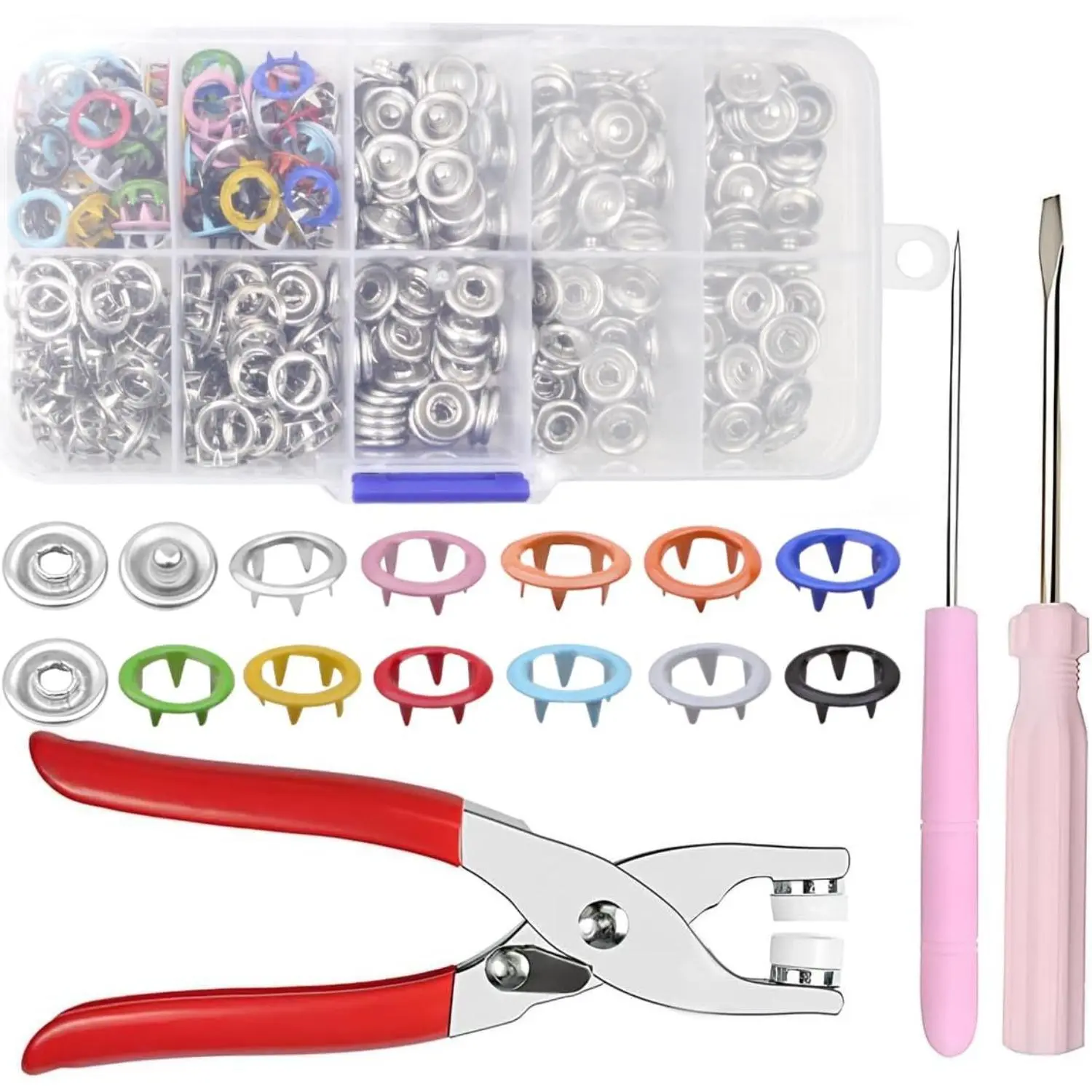 Snap Fasteners Kit - 100 Sets Snaps for Fabric Metal Snaps Buttons 9.5mm with Fastener Pliers Press Tool Kit Came with Flat Tip Screwdriver and awl for DIY Crafts, Clothing Sewing, Hats