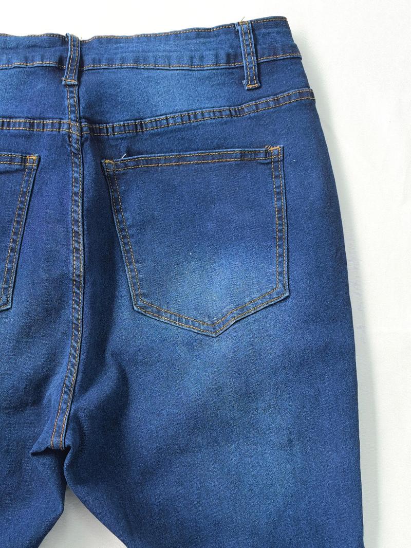 【Plus Size】 Solid Color Ripped Stretchy Jeans, Casual Fashion Skinny Denim Pants for Daily Outdoor Wear, Women Plus Clothing for Summer