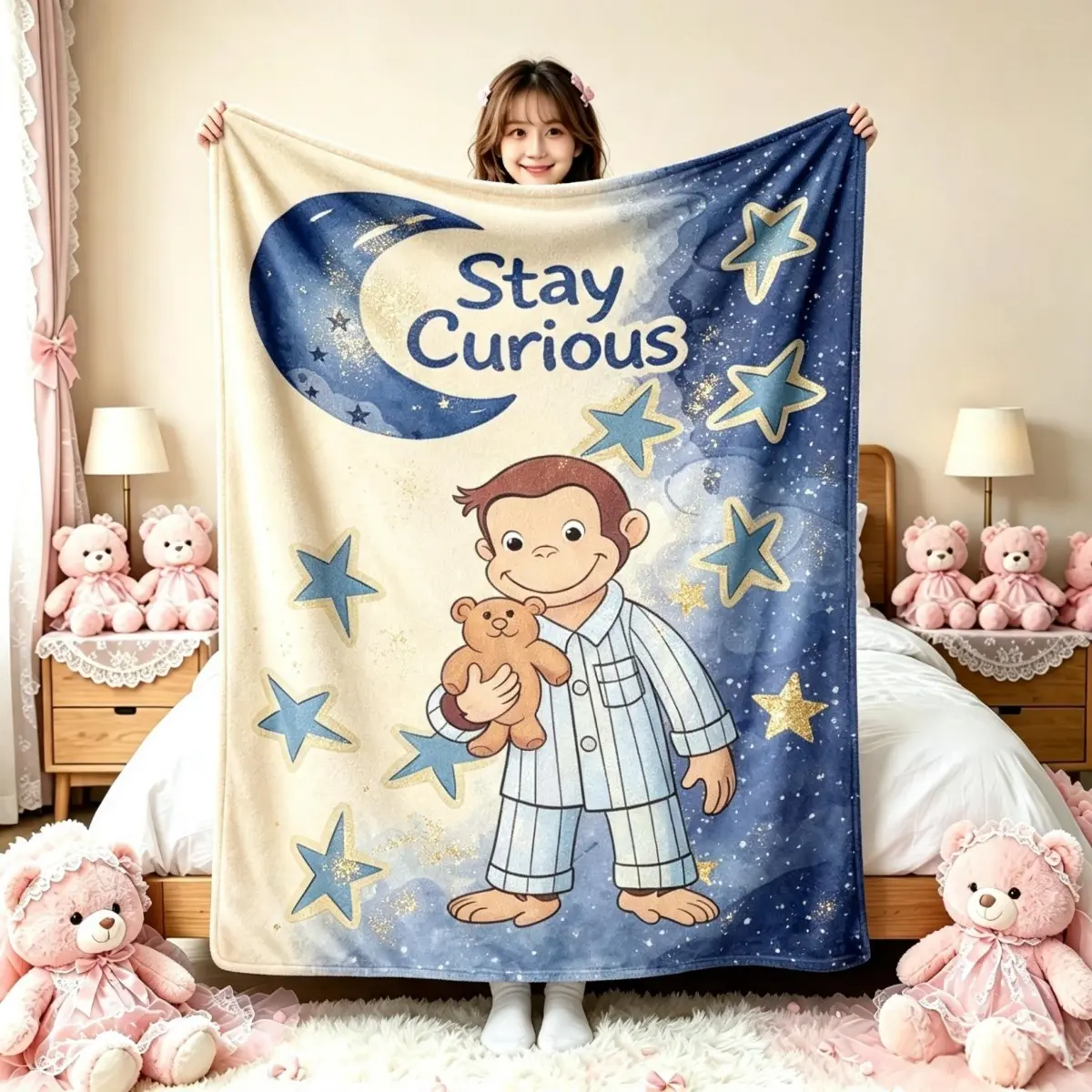 Curious George Classic Soft Flannel Throw Blanket - "Stay Curious" Quote, Moon Star Watercolor Print, Pajama Monkey With Teddy Bear - Nursery Decor, Kids' Room Accent, Baby Shower Gift