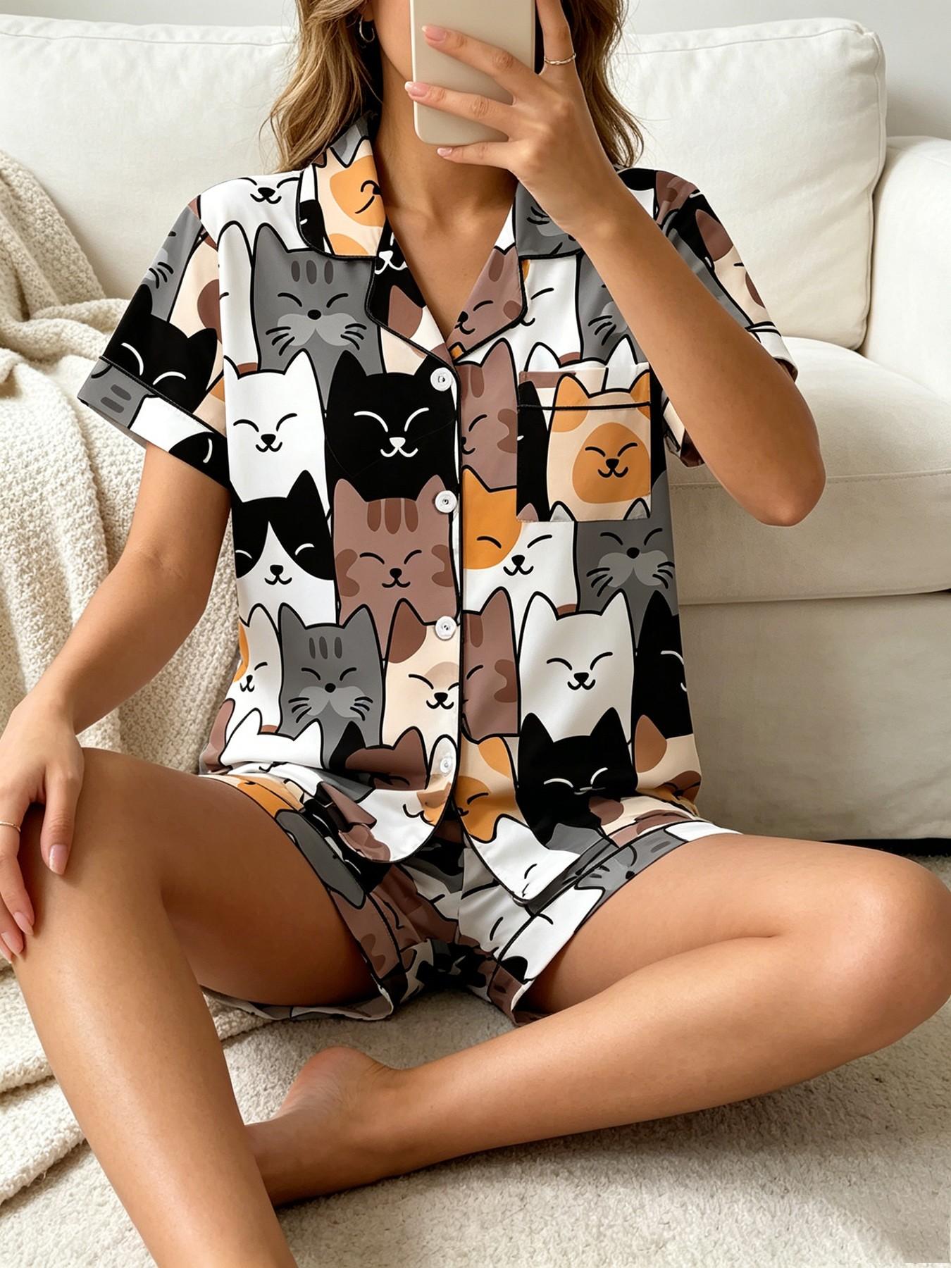 Women's Short Sleeve Button Down Top and Shorts Pajama Set, Spring Summer Wear, For Japanese Kawaii Soft Girls, White Base Soft Cat Head Print, Small Lapel Collar, Slim Fit No Bulk, Comfortable For Daily Home Wear