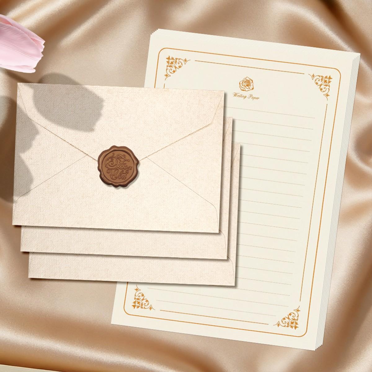 Letter Writing Set 3 Envelopes Wax Seal Stickers 10 Sheets Paper Vintage Gift for Stationery Lovers