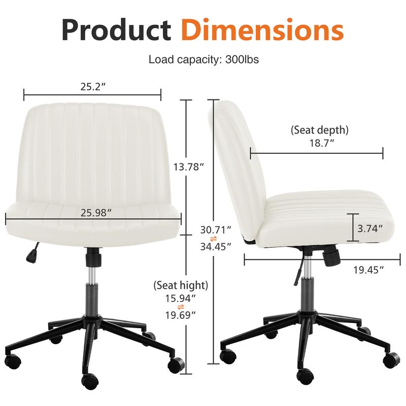 Armless Wide Swivel Office Chair with Cross Leg Seating, Adjustable Fabric Vanity Chair with Wheels and Fixed Base, Padded Seat, Grey