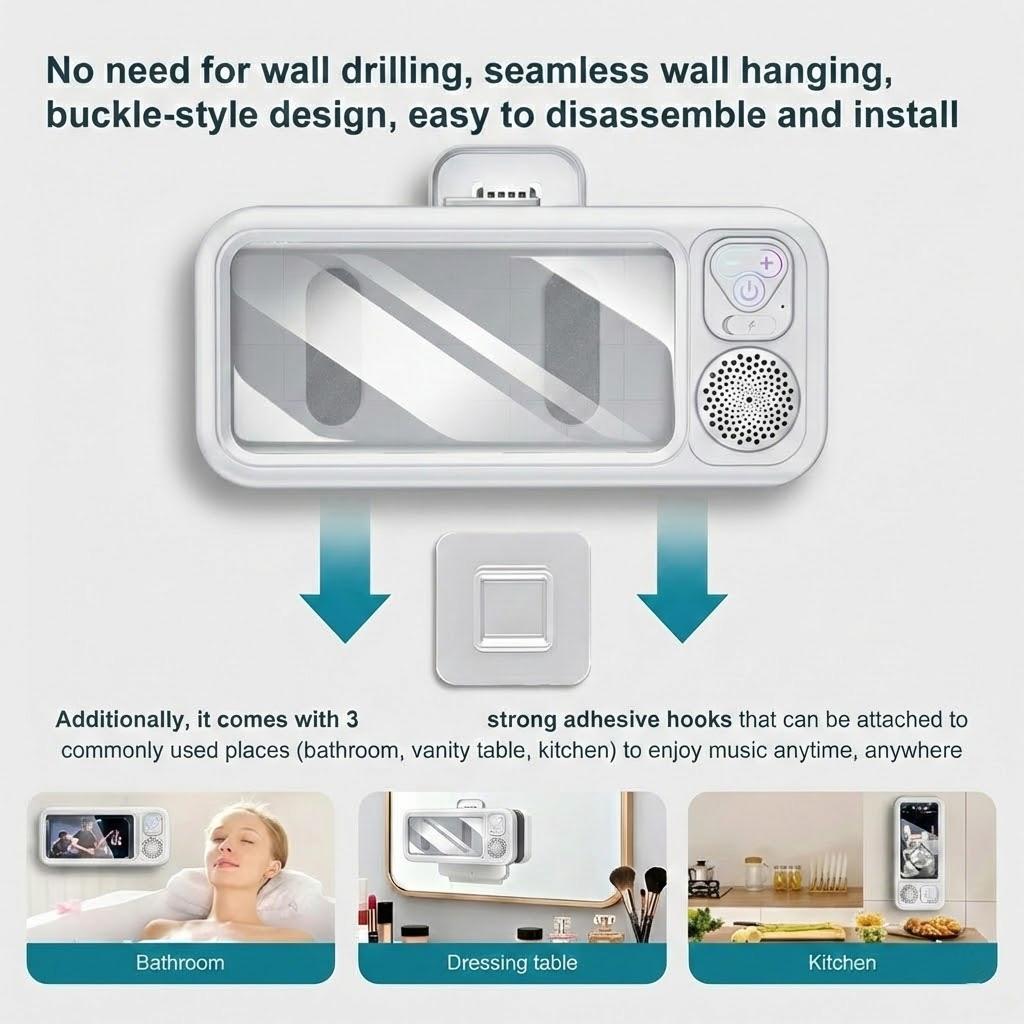 Waterproof box speaker, bathroom waterproof 360 ° rotating touch screen, Bluetooth speaker, watch movies, listen to music, phone holder Bluetooth speaker audio shower TV holder, swimming pool, kitchen, bathroom, sink, Streaming