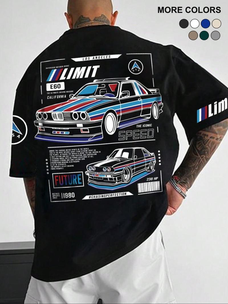 Men's Car & Letter Print Short Sleeve Graphic Tee, Regular Fit Streetwear Casual Round Neck T-shirt for Summer, Men's Top for Daily Wear