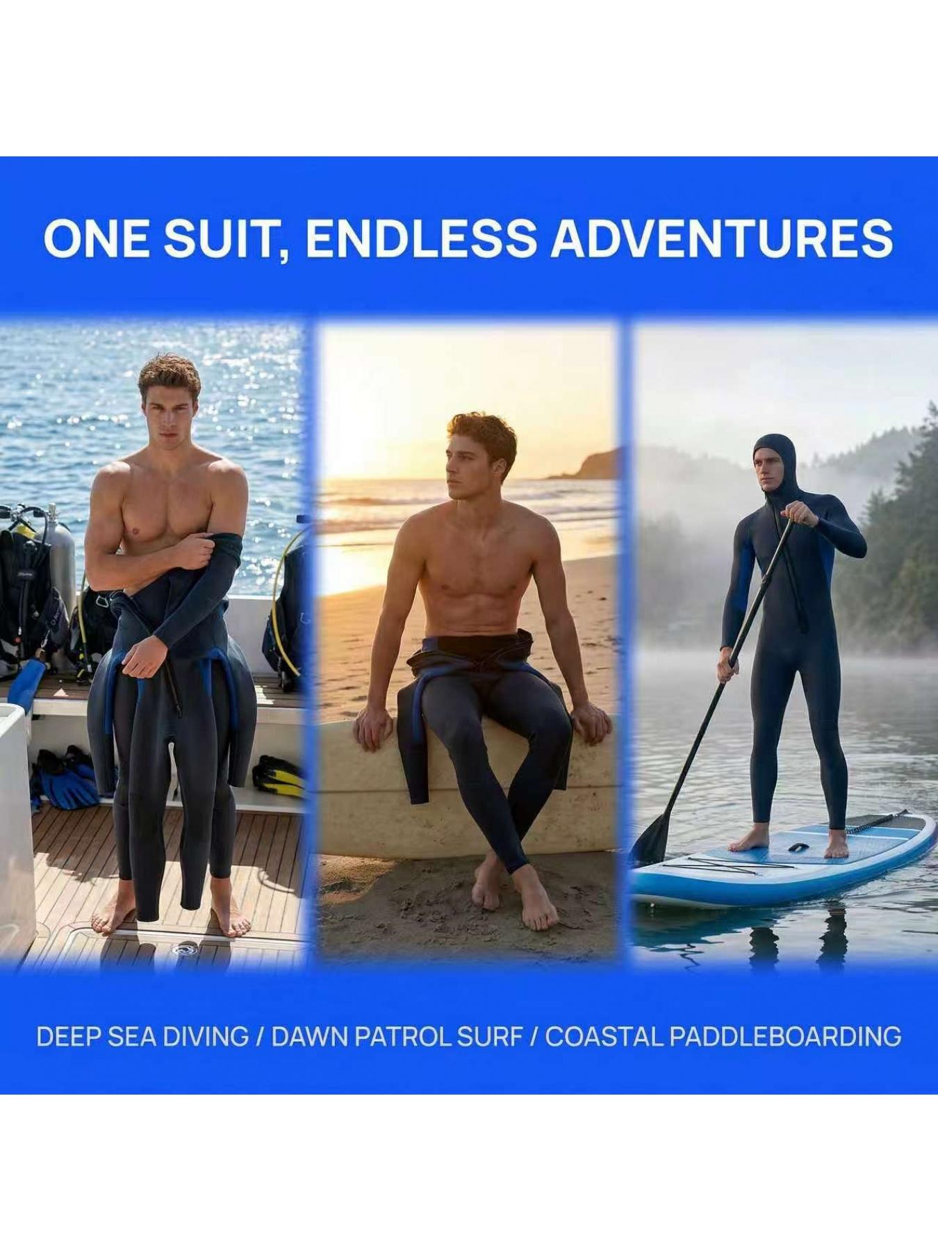 3mm Thickened Warm Wetsuit for Men, One-Piece Hooded Full Suit, Wear-Resistant Diving Suit for Surfing, Snorkeling, Freediving and Jellyfish Protection