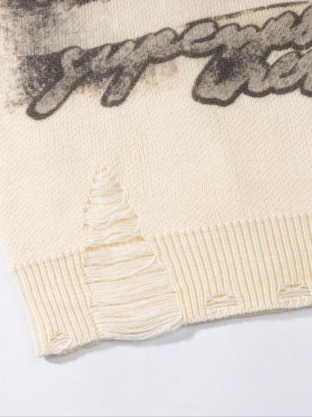 Men's Street Style Long Sleeve Crewneck Sweater, French Oil Painting Print, Raw Hem Design, Casual Loose Fit Knitwear for Spring & Fall