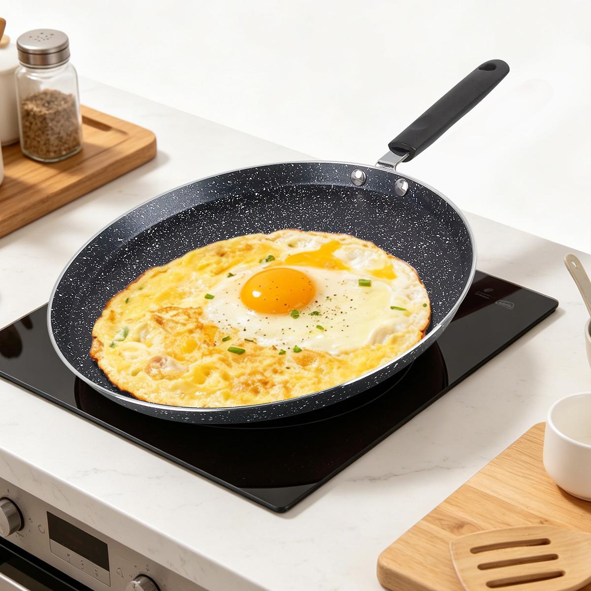 10.2 Inch Non-Stick Marble Crepe Pan, Flat Griddle Pancake Skillet, Compatible with Induction & Gas Stoves, Easy Clean Breakfast Cooking Pan