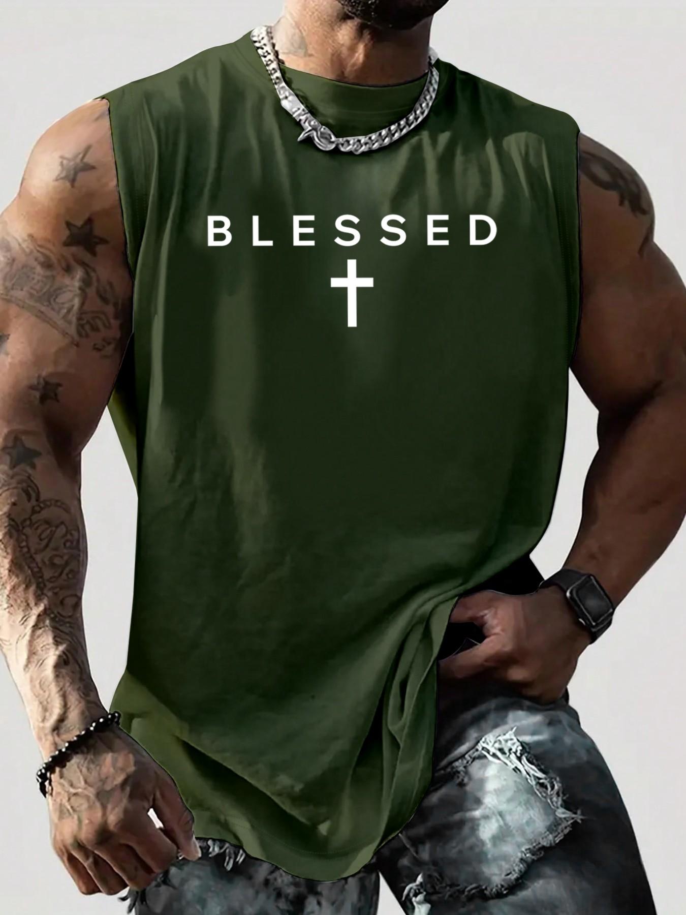 Men's "Blessed" Cross Graphic Sleeveless Tank Top, Christian Religious Style Casual Gym Vest, Streetwear Athletic Top #ChristianApparel #BlessedTee #MensGymWear #SleevelessTank #TikTokMadeMeBuyIt
