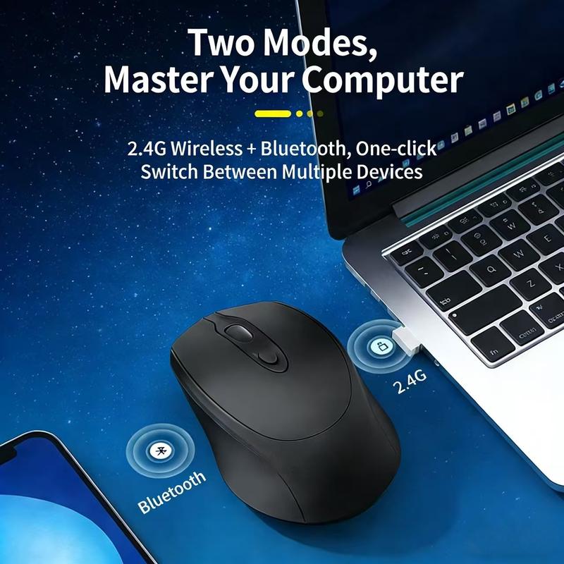 Rechargeable Wireless Mouse Dual Mode Connection 2.4GHz Bluetooth-compatible with USB Receiver, Three Dpi Settings 800/1200/1600, Ergonomic Design
