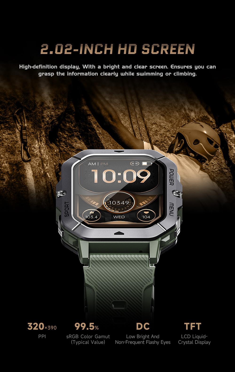 C28 Smartwatch Waterproof 2.02 Inch HD Display Ai Features Supports 10m Depth Battery Capacity 410mah over 120 Sports Modes Heart Rate Sleep Monitor