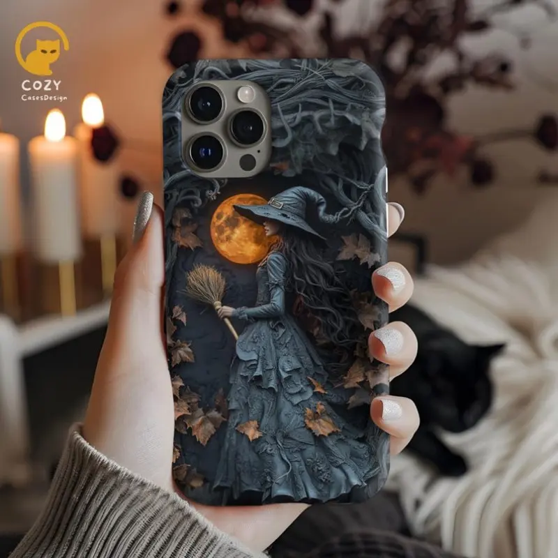 Halloween Witch Phone Case, Spooky Autumn Moon Design, Dark Fantasy Magsafe, Compatible with iPhone 17 16 15 14 13 12 11 Pro Max