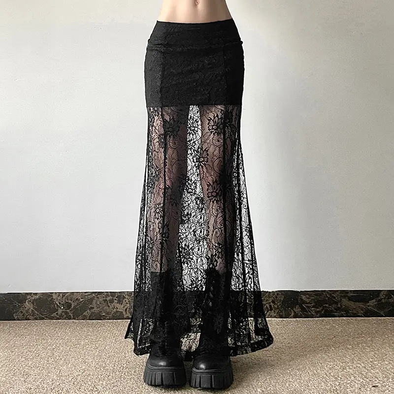 Women Sheer Lace Mermaid Maxi Skirt High Waist See Through Bodycon Long Skirt