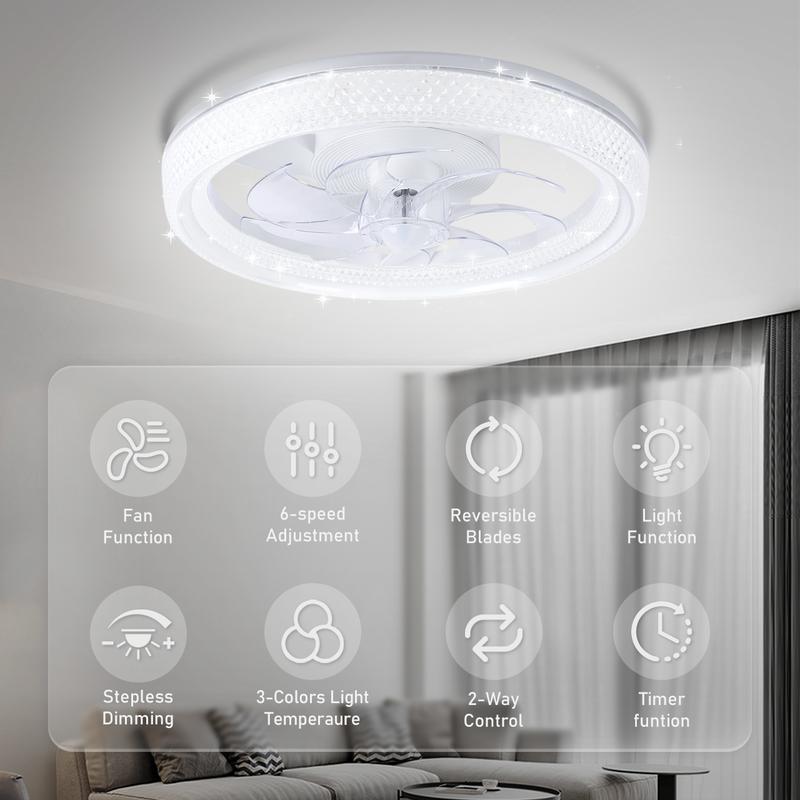GLITGATE Diamantes Smart Ceiling Fan with Light 20" White Crystal 6-Speed Reversible DC Motor APP Remote Control Timer Dimming 3 Color Temperatures for Bedroom Living Room