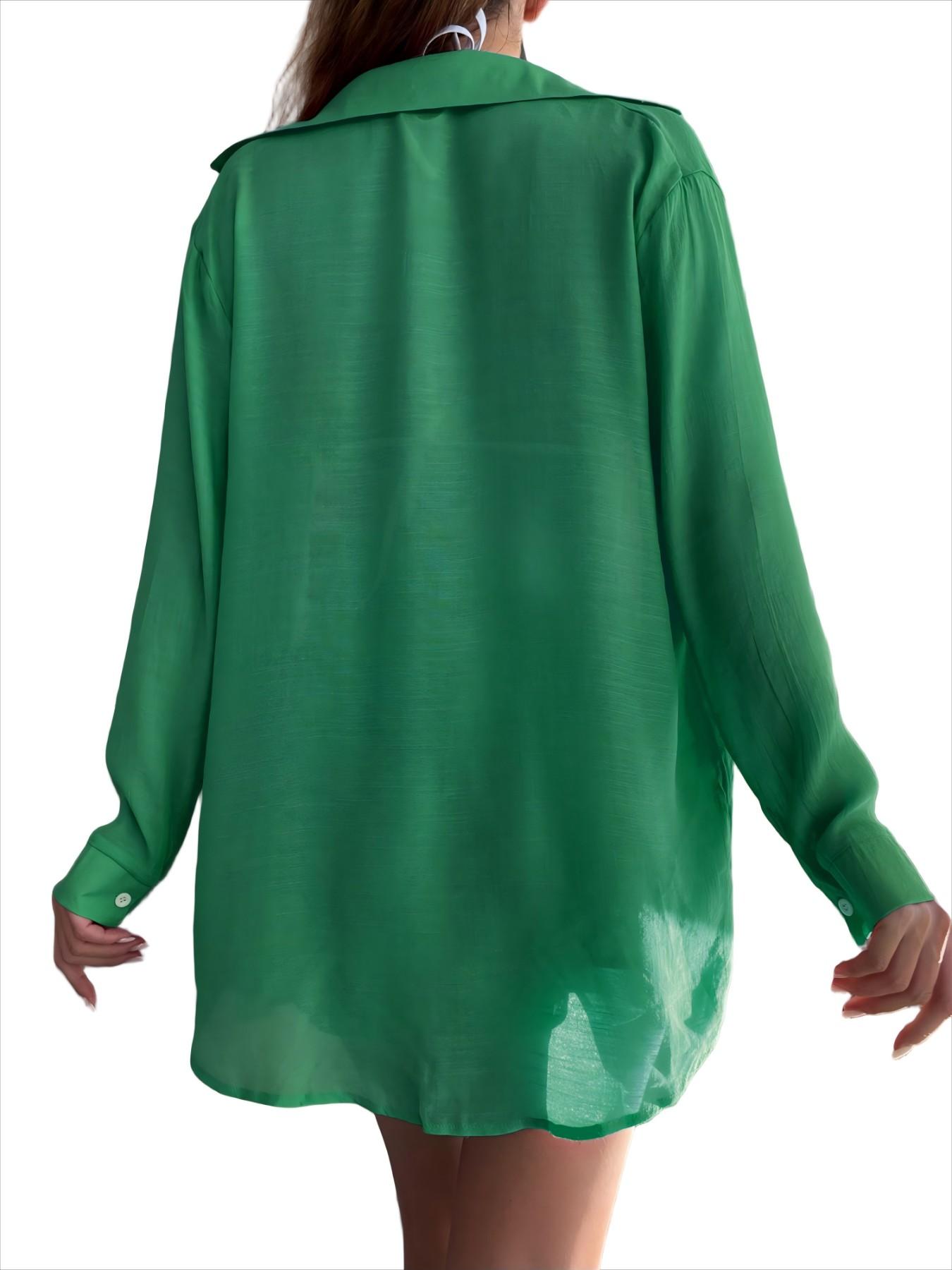 Women's Solid Button Front Pocket Sheer Cover Up Shirt & Shorts Set, Outdoor Casual Drop Shoulder Long Sleeve Top & Shorts for Beach Vacation, Ladies Summer Swimwear Clothes