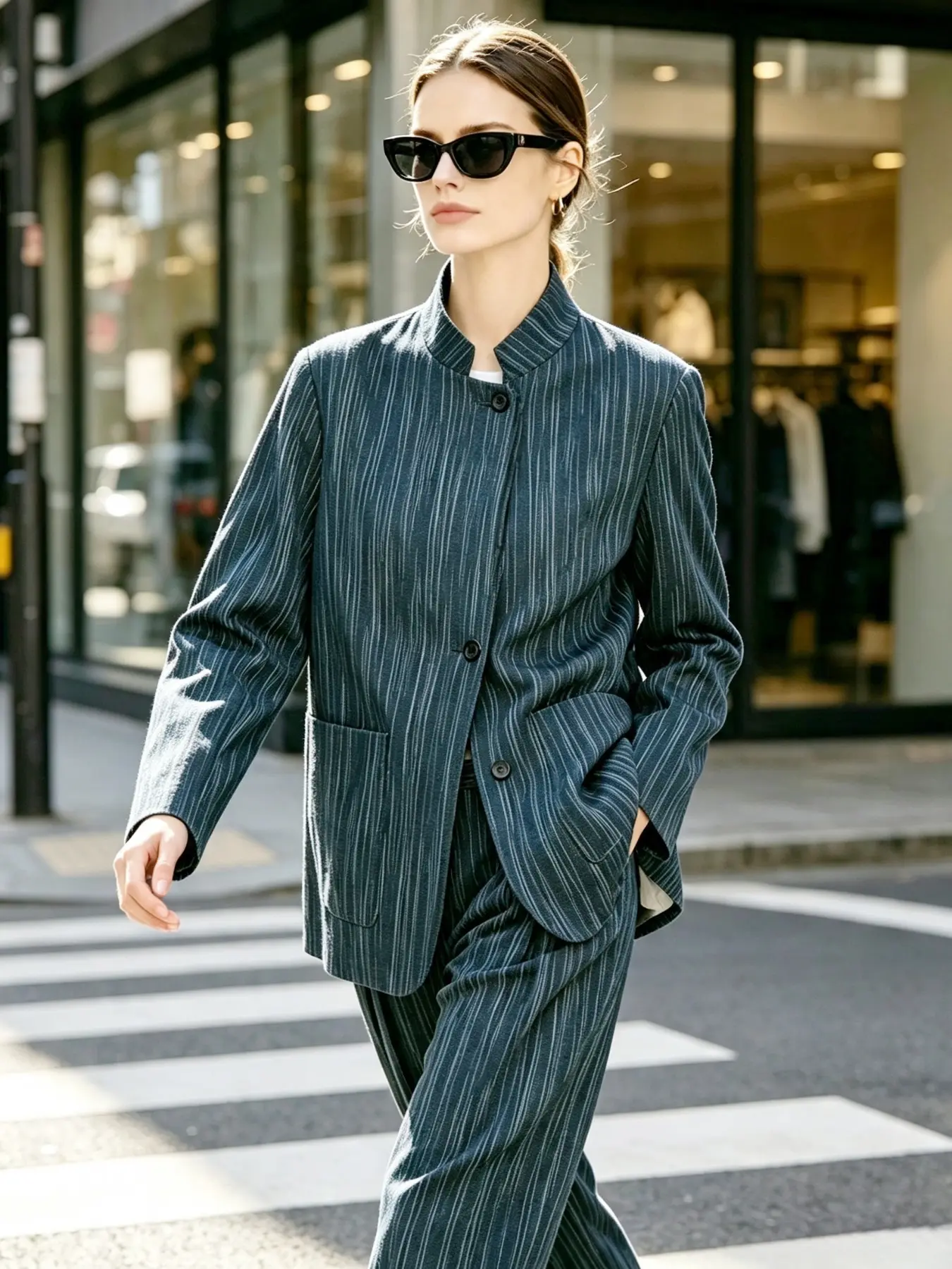 Women's Loose Fit Striped Stand Collar Jacket, Casual Long Sleeve Outerwear, Medium Length, All Seasons, Blue Stripe Suit