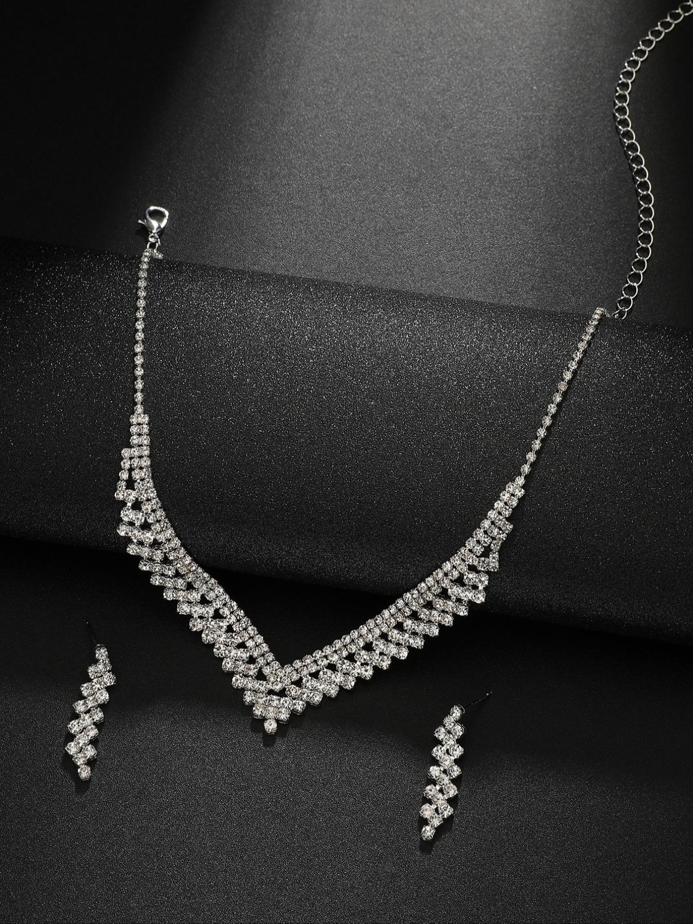 Vintage Luxurious Full Diamond V-Neck Necklace Earrings Set, Bride Wedding Dinner Elegant Accessories, Casual All Seasons Style