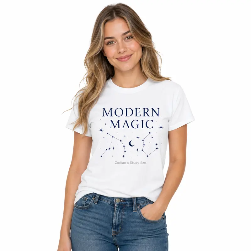 Modern Magic Zodiac Graphic T Shirt, Celestial Moon Phase Astrology Tee, Starry Sky Vintage Aesthetic Shirt for Women Men, Mystical Casual Streetwear Top, Trendy Study Szn Gift
