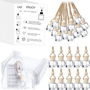 Boao 25 Sets Hanging Car Air Freshener Diffuser Bottles Empty Bulk with Car Diffuser Instruction Cards Organza Bags Glass Refillable Essential Oil Fragrance Aromatherapy Pendant (Cube, Clear)