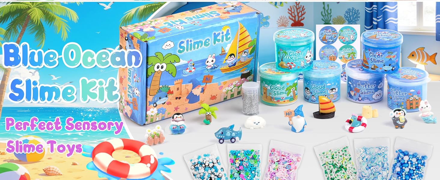 6 Pack Blue Ocean Slime, Clear Butter Cloud Slime Kits for Girls Ages 8-12, Non-Stick Kids Slime Party Favor Toys with Add-Ins, Birthday Goodie Bag Stuffers Easter Valentines Day Gifts for Kids