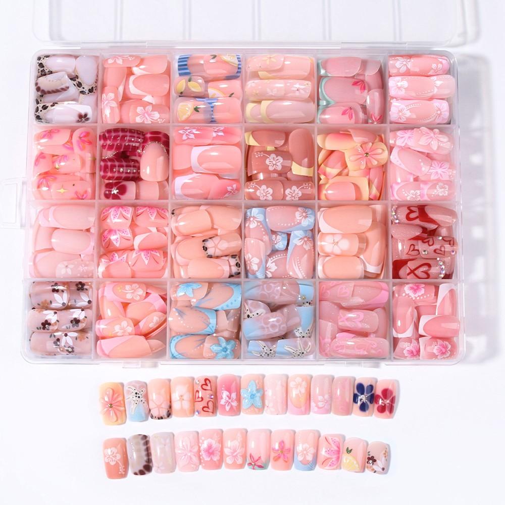 576pcs Short Square French Press-On Decorative Nails, 3D Gel Flower Peony Nail Art with Polka-Dot and Leopard Patterns, Acrylic False Nail Set