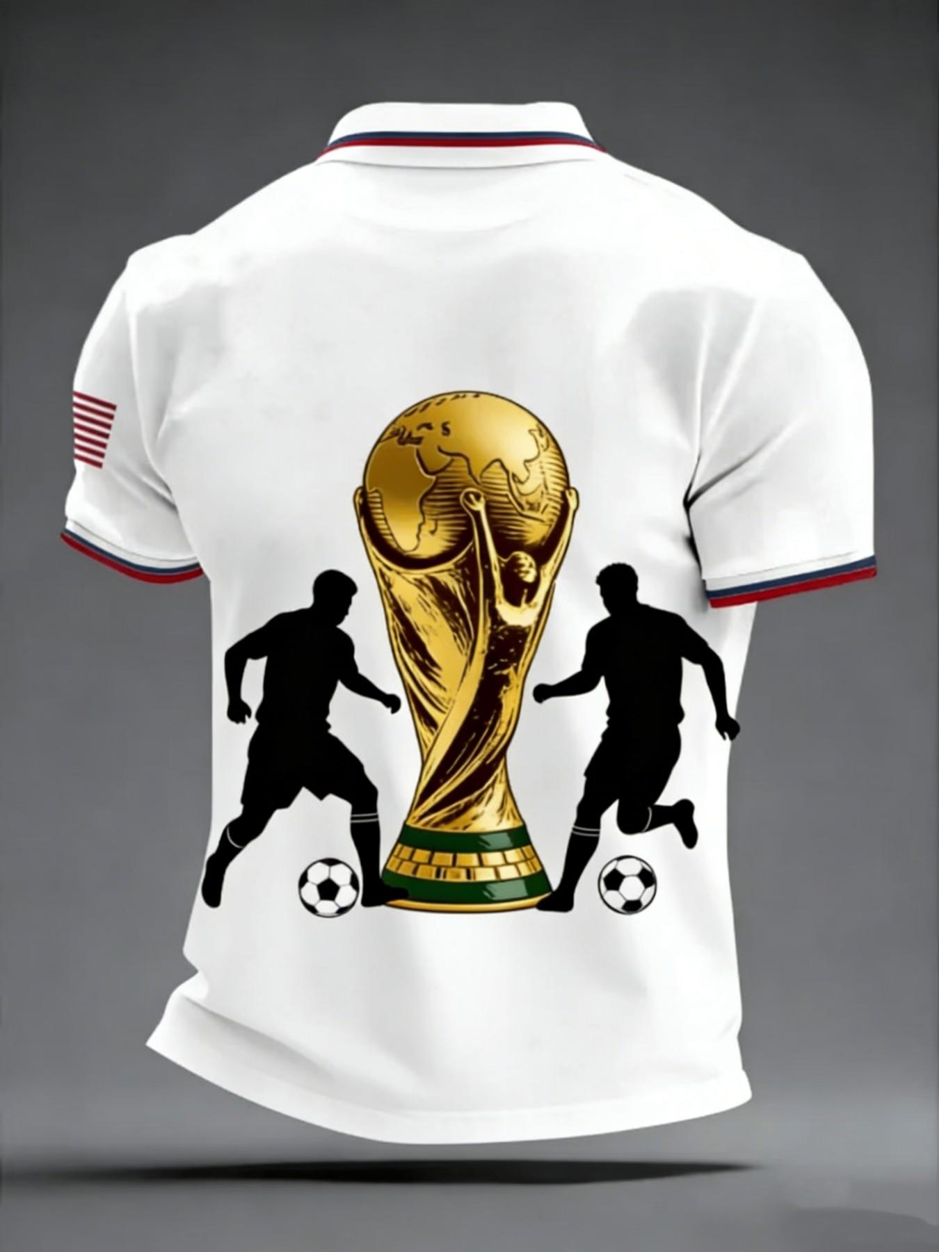 Men's Short Sleeve Polo Shirt, 2026 Football Polo, Collared Short Sleeve, Soccer Player Silhouette, American Flag Fan Sport T-Shirt