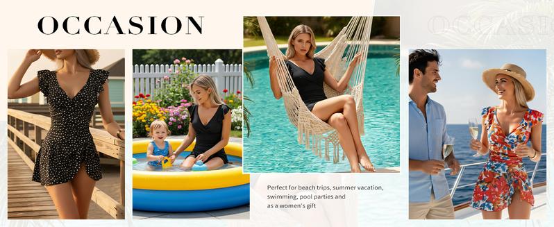 Aidonger One Piece Swimdress Tummy Control Ruffle Swimsuit for Women Tie Knot Swim Dresses V Neck Bathing Suit Skirt Swimmingsuits